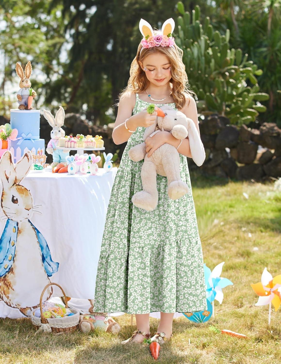 image:imageArshiner Girls Summer Dress Casual Loose Sleeveless Sundress Flowy Beach Maxi Dresses with PocketsGreen Flower