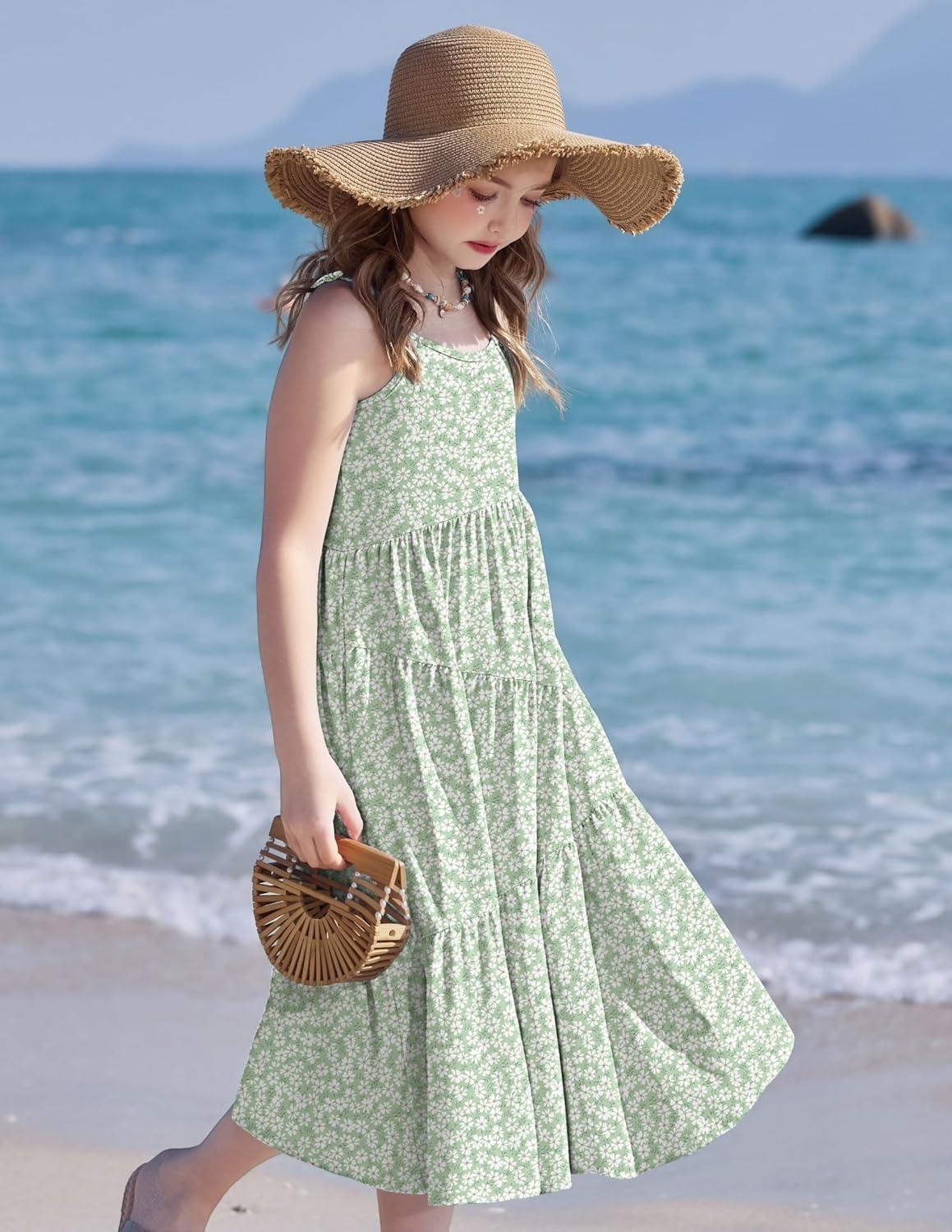 image:imageArshiner Girls Summer Dress Casual Loose Sleeveless Sundress Flowy Beach Maxi Dresses with PocketsGreen Flower