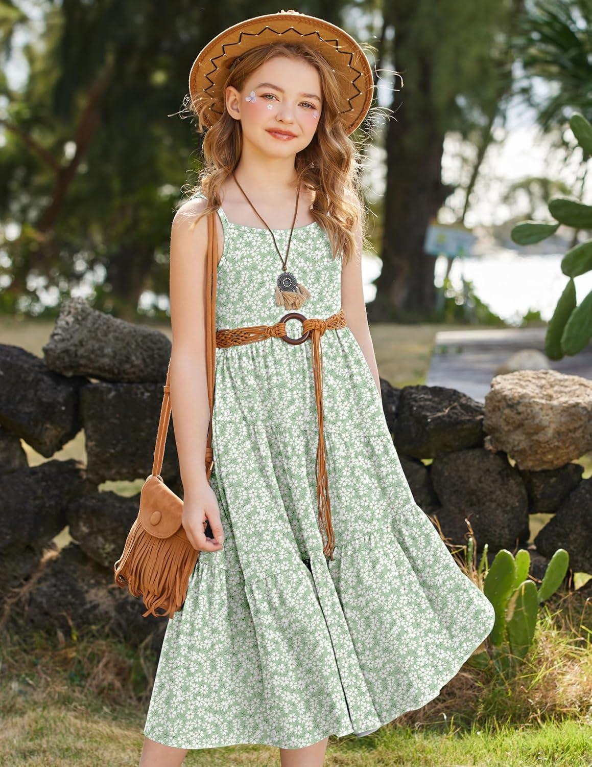 image:imageArshiner Girls Summer Dress Casual Loose Sleeveless Sundress Flowy Beach Maxi Dresses with PocketsGreen Flower