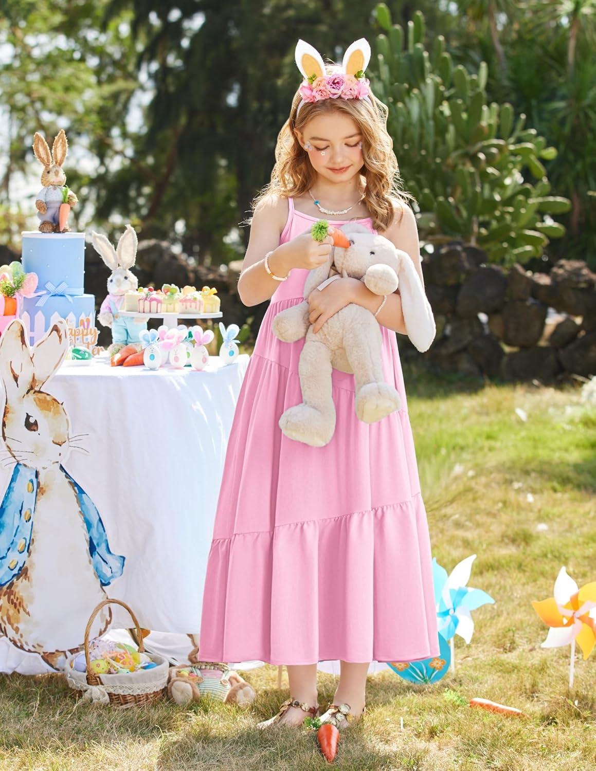 image:imageArshiner Girls Summer Dress Casual Loose Sleeveless Sundress Flowy Beach Maxi Dresses with PocketsPink