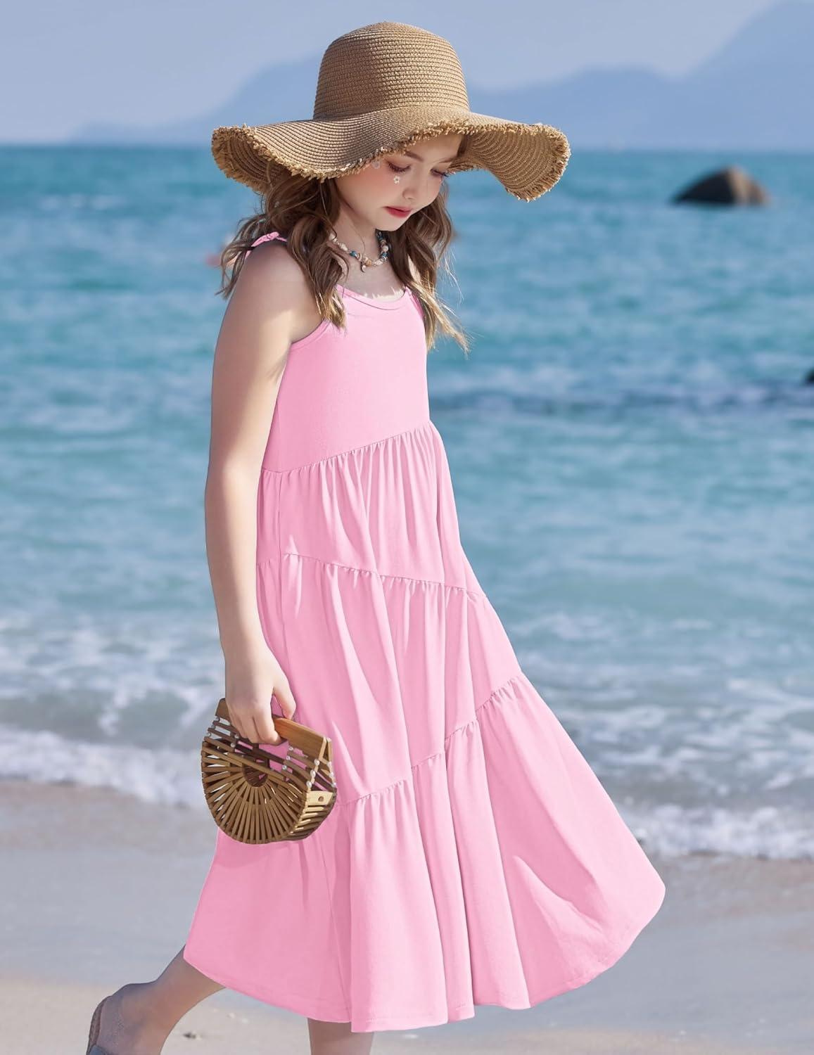 image:imageArshiner Girls Summer Dress Casual Loose Sleeveless Sundress Flowy Beach Maxi Dresses with PocketsPink