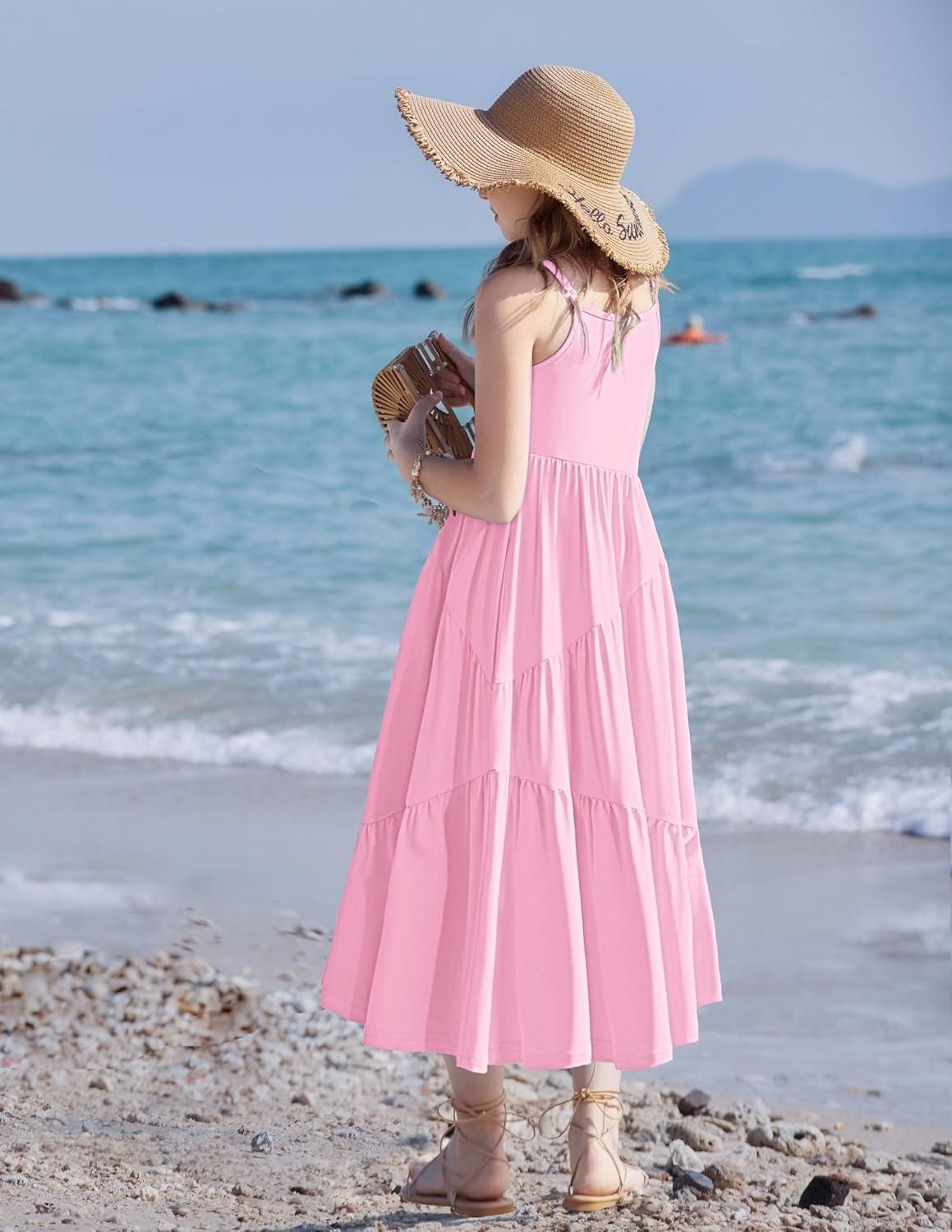 image:imageArshiner Girls Summer Dress Casual Loose Sleeveless Sundress Flowy Beach Maxi Dresses with PocketsPink