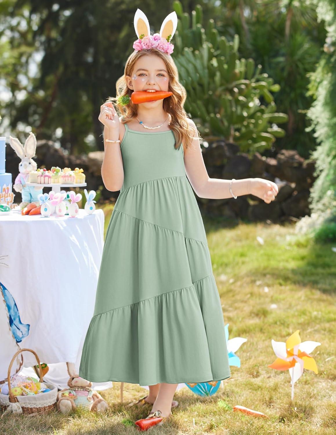image:imageArshiner Girls Summer Dress Casual Loose Sleeveless Sundress Flowy Beach Maxi Dresses with PocketsSage Green