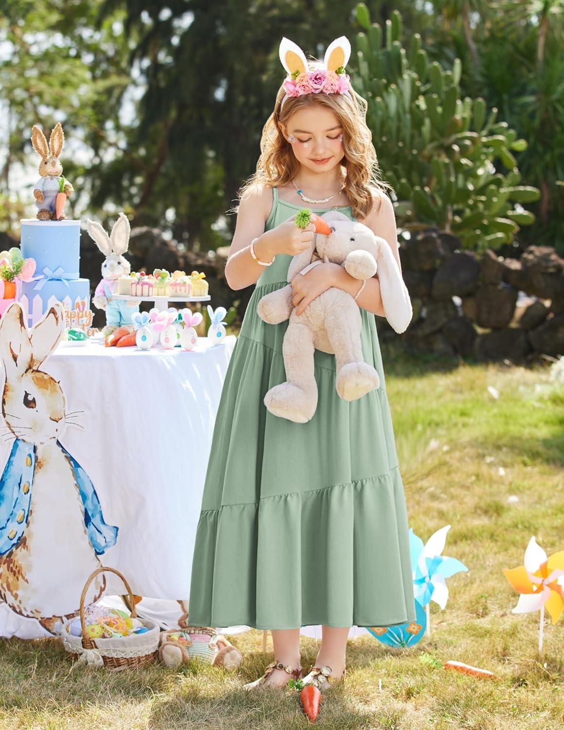 image:imageArshiner Girls Summer Dress Casual Loose Sleeveless Sundress Flowy Beach Maxi Dresses with PocketsSage Green