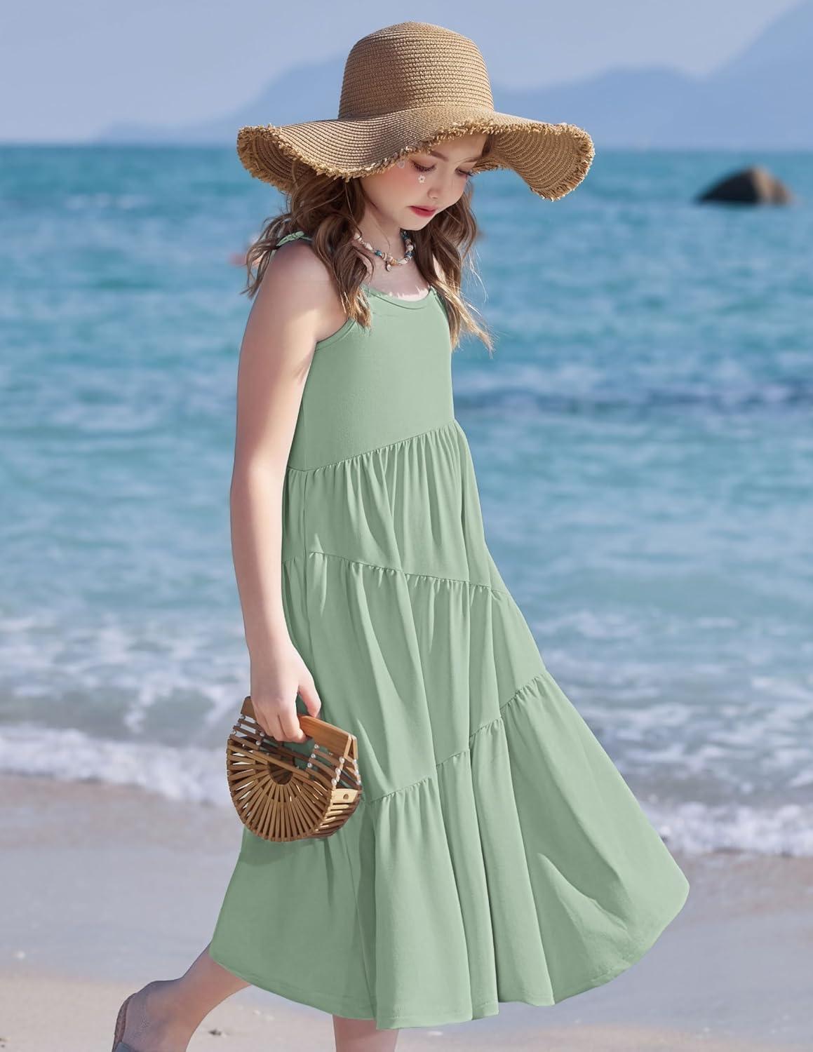image:imageArshiner Girls Summer Dress Casual Loose Sleeveless Sundress Flowy Beach Maxi Dresses with PocketsSage Green