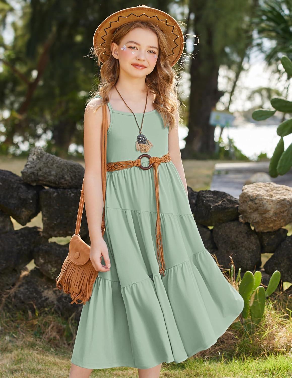 image:imageArshiner Girls Summer Dress Casual Loose Sleeveless Sundress Flowy Beach Maxi Dresses with PocketsSage Green