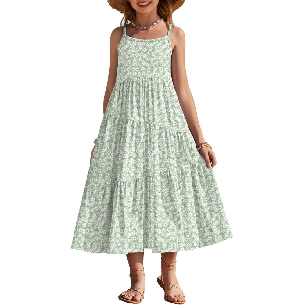 image:imageArshiner Girls Summer Dress Casual Loose Sleeveless Sundress Flowy Beach Maxi Dresses with PocketsGreen Flower