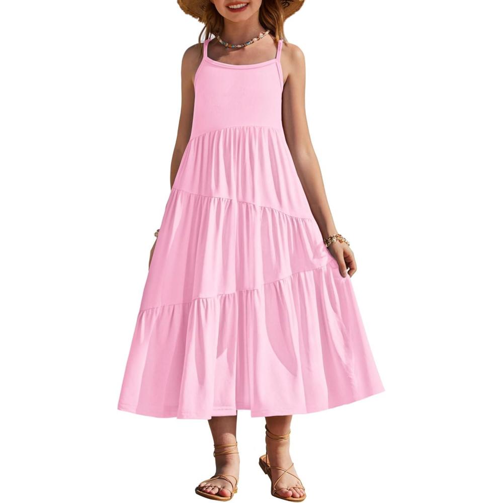 image:imageArshiner Girls Summer Dress Casual Loose Sleeveless Sundress Flowy Beach Maxi Dresses with PocketsPink