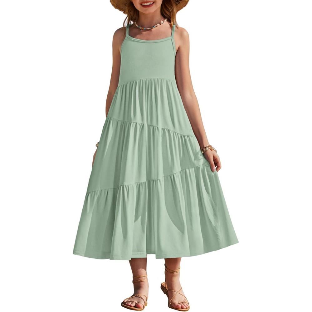 image:imageArshiner Girls Summer Dress Casual Loose Sleeveless Sundress Flowy Beach Maxi Dresses with PocketsSage Green