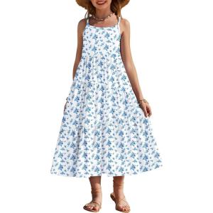 Arshiner Girls Summer Dress Casual Loose Sleeveless Sundress Flowy Beach Maxi Dresses with Pockets(Blue Flower)