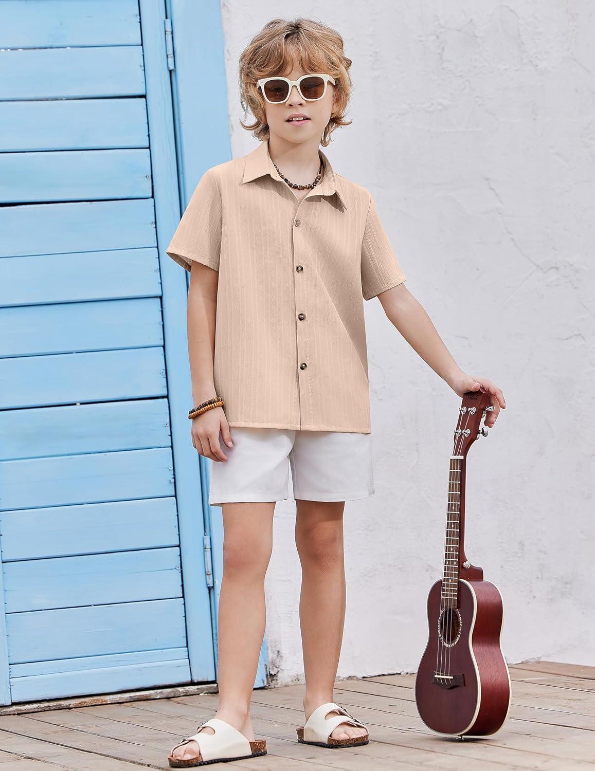 image:imageArshiner Boys Casual Short Sleeve Button Down Shirt Fashion Textured Summer Beach Shirt 313 Years OldApricot