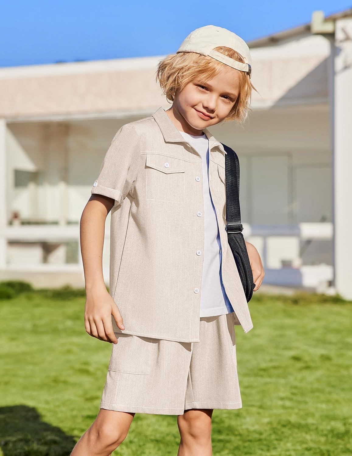 image:imageArshiner Boys Woven Shorts Set Academic Style Button Down Shirt and Denim Shorts Casual 2Piece Clothes Outfits 412 YearsBeige