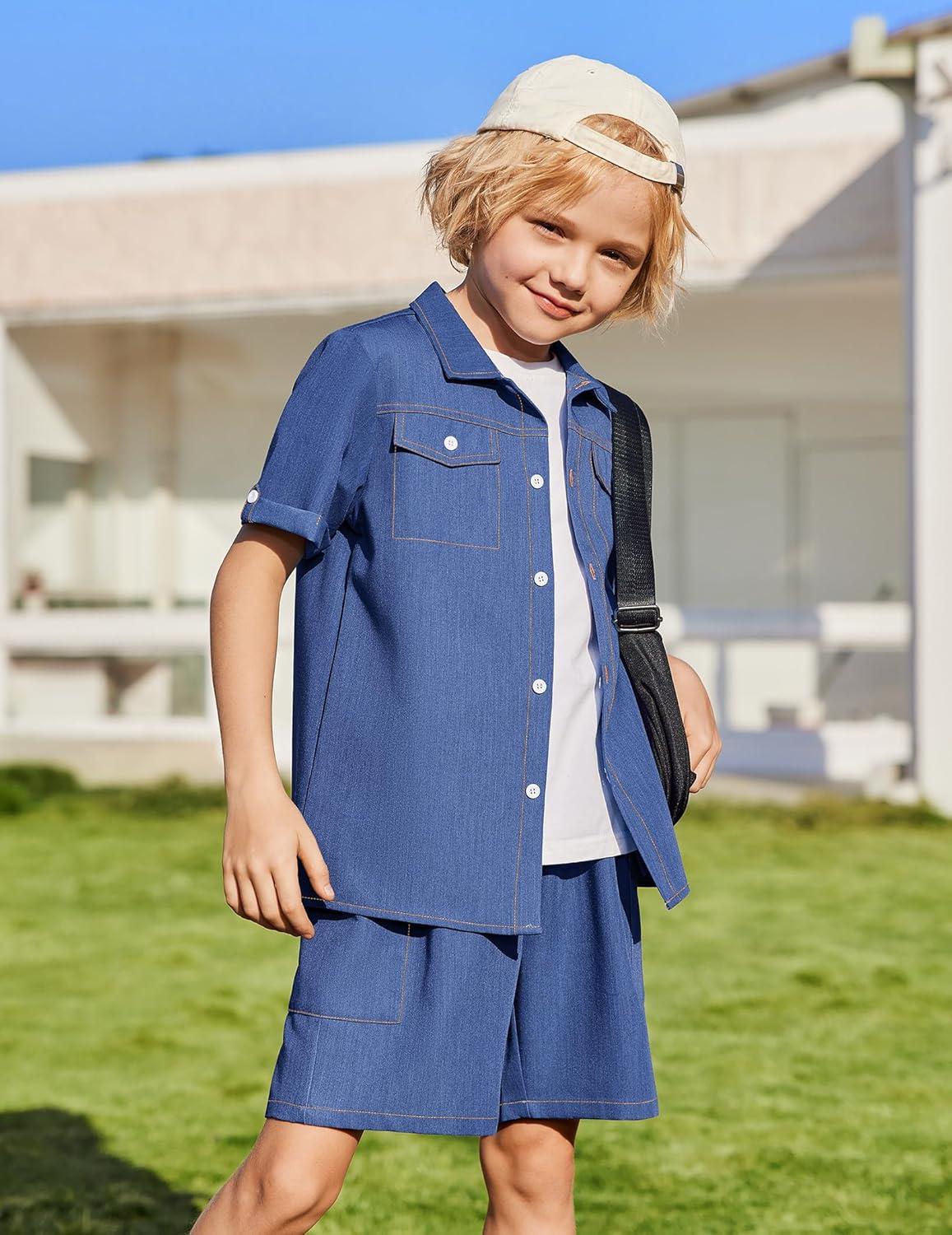 image:imageArshiner Boys Woven Shorts Set Academic Style Button Down Shirt and Denim Shorts Casual 2Piece Clothes Outfits 412 YearsDark Blue