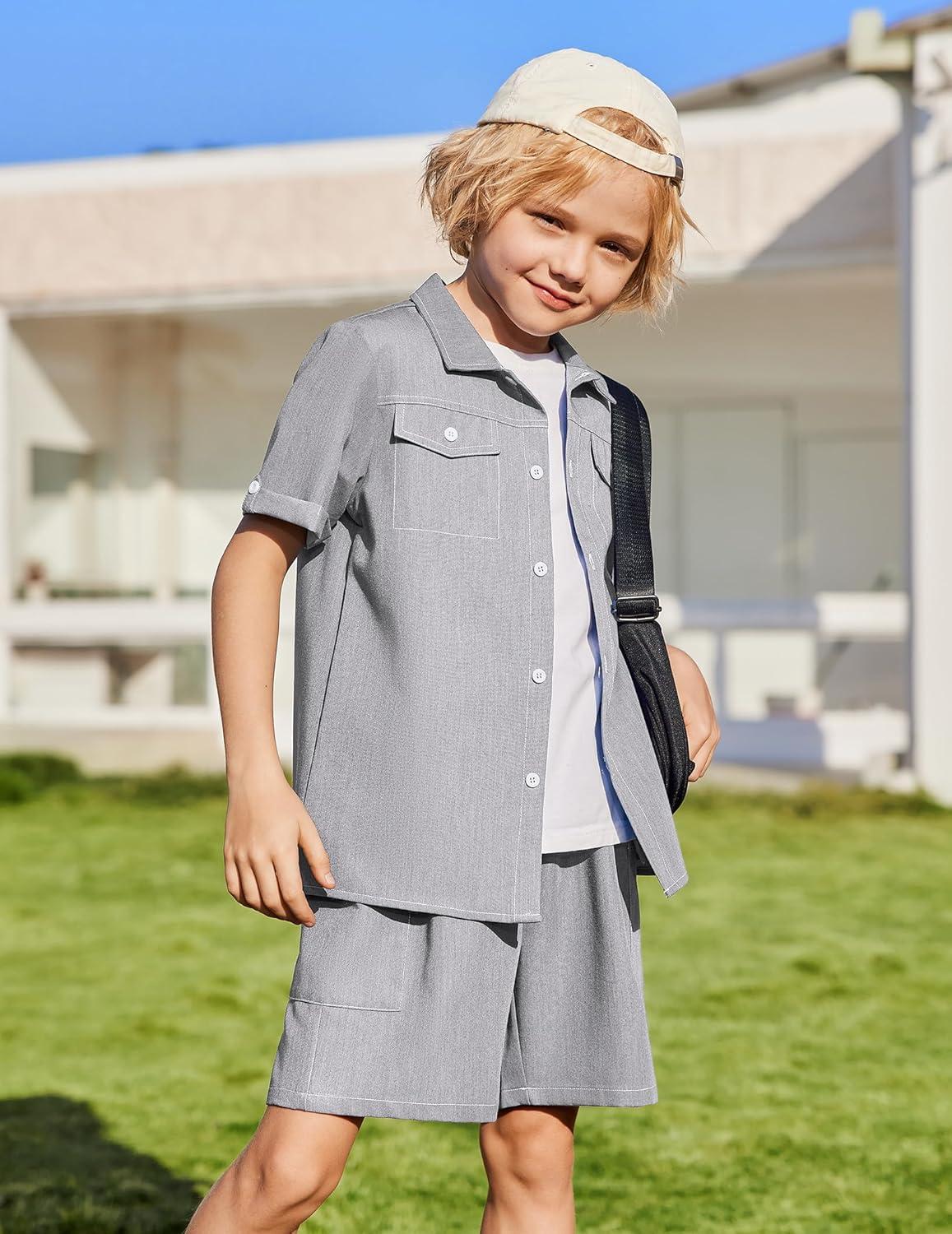 image:imageArshiner Boys Woven Shorts Set Academic Style Button Down Shirt and Denim Shorts Casual 2Piece Clothes Outfits 412 YearsLight Grey