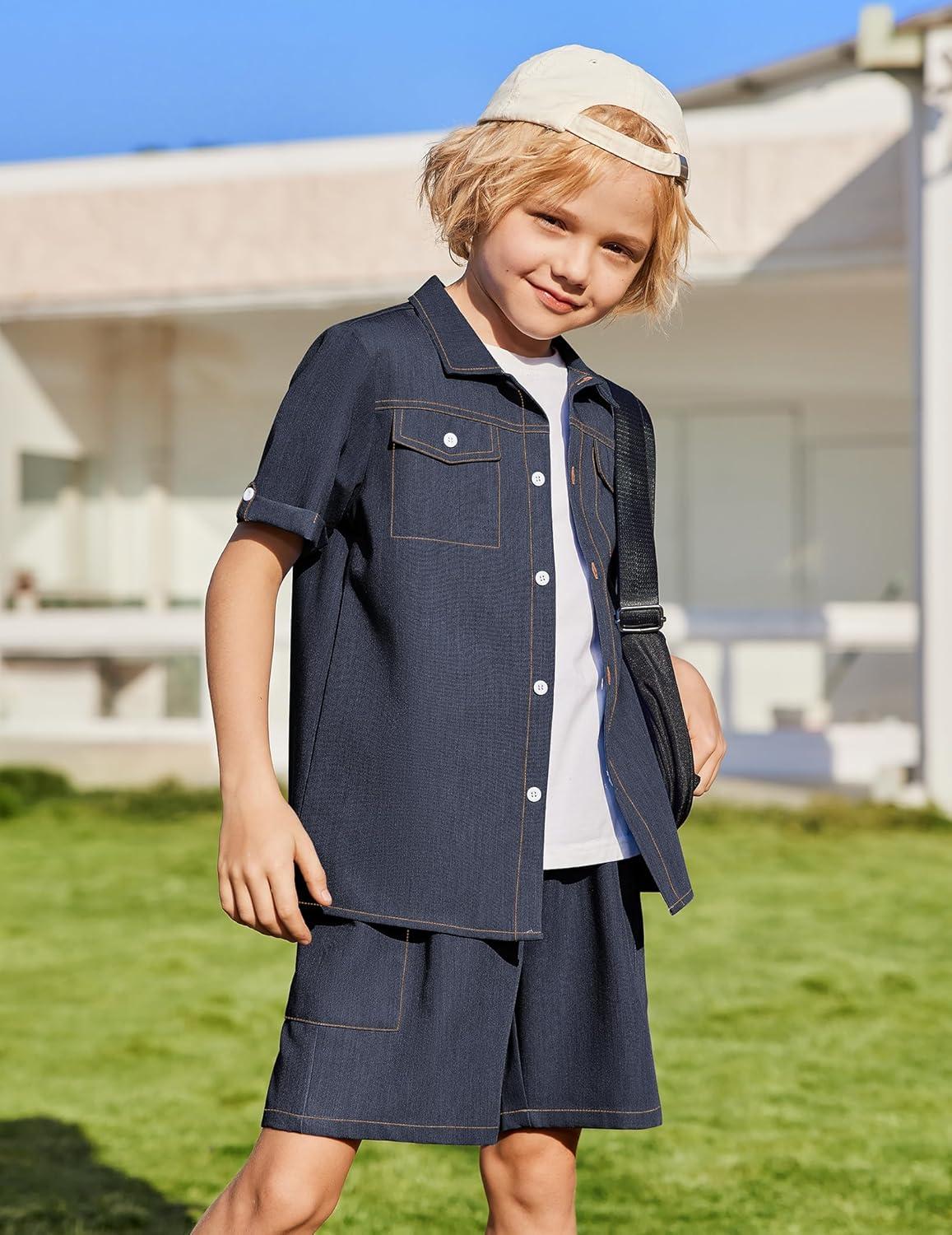 image:imageArshiner Boys Woven Shorts Set Academic Style Button Down Shirt and Denim Shorts Casual 2Piece Clothes Outfits 412 YearsNavy Blue