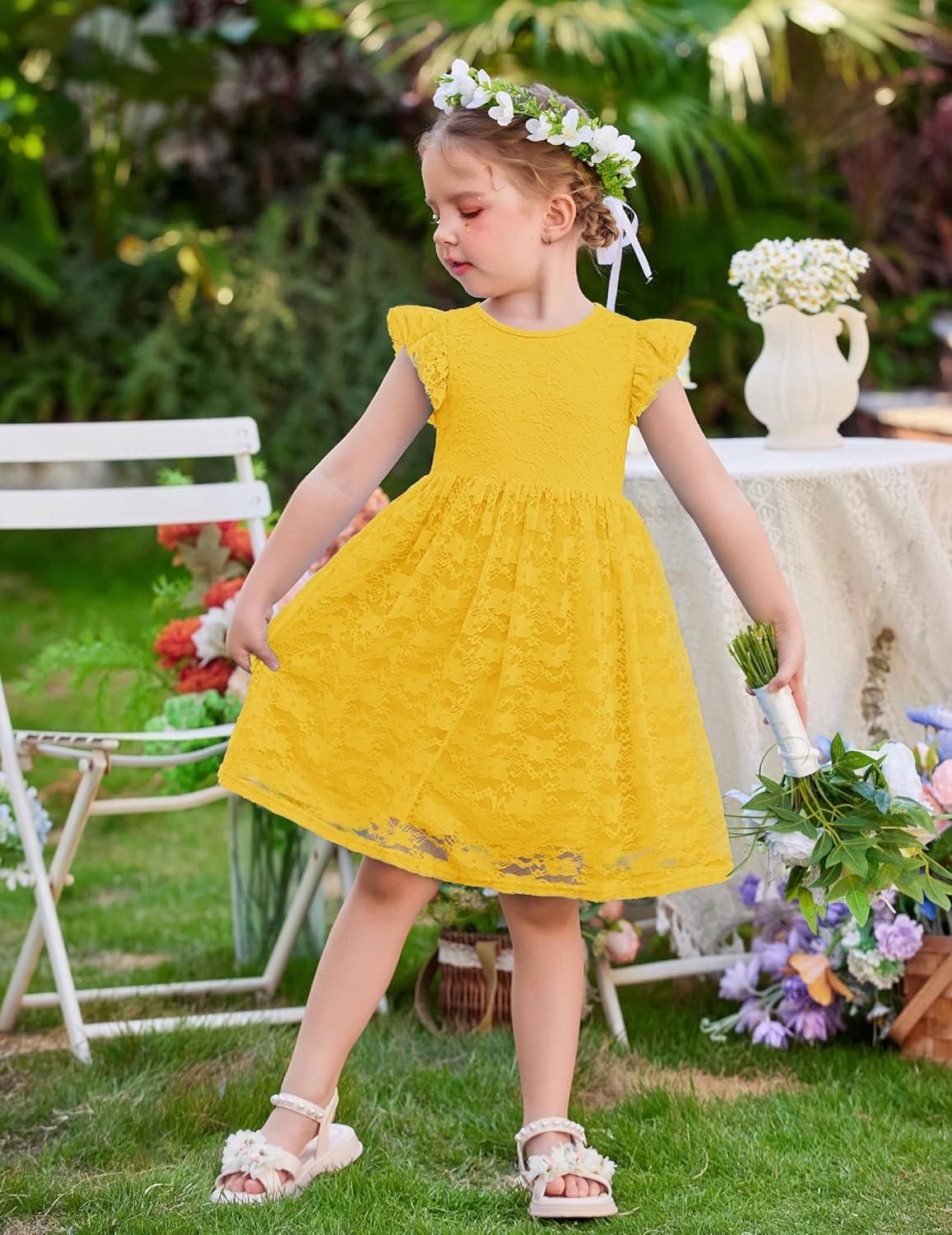image:imageArshiner Flower Girl Dress Toddler Lace Tutu Ruffle Sleeve Wedding Birthday Party Tulle DressesYellow