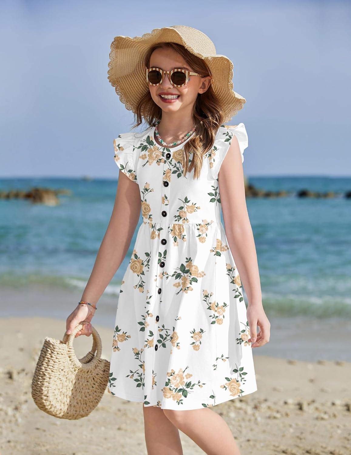 image:imageArshiner Girls Dress Flutter Sleeve ALine Button Down Sundress Casual Midi Dresses for 412 Years KidsYellow Flower