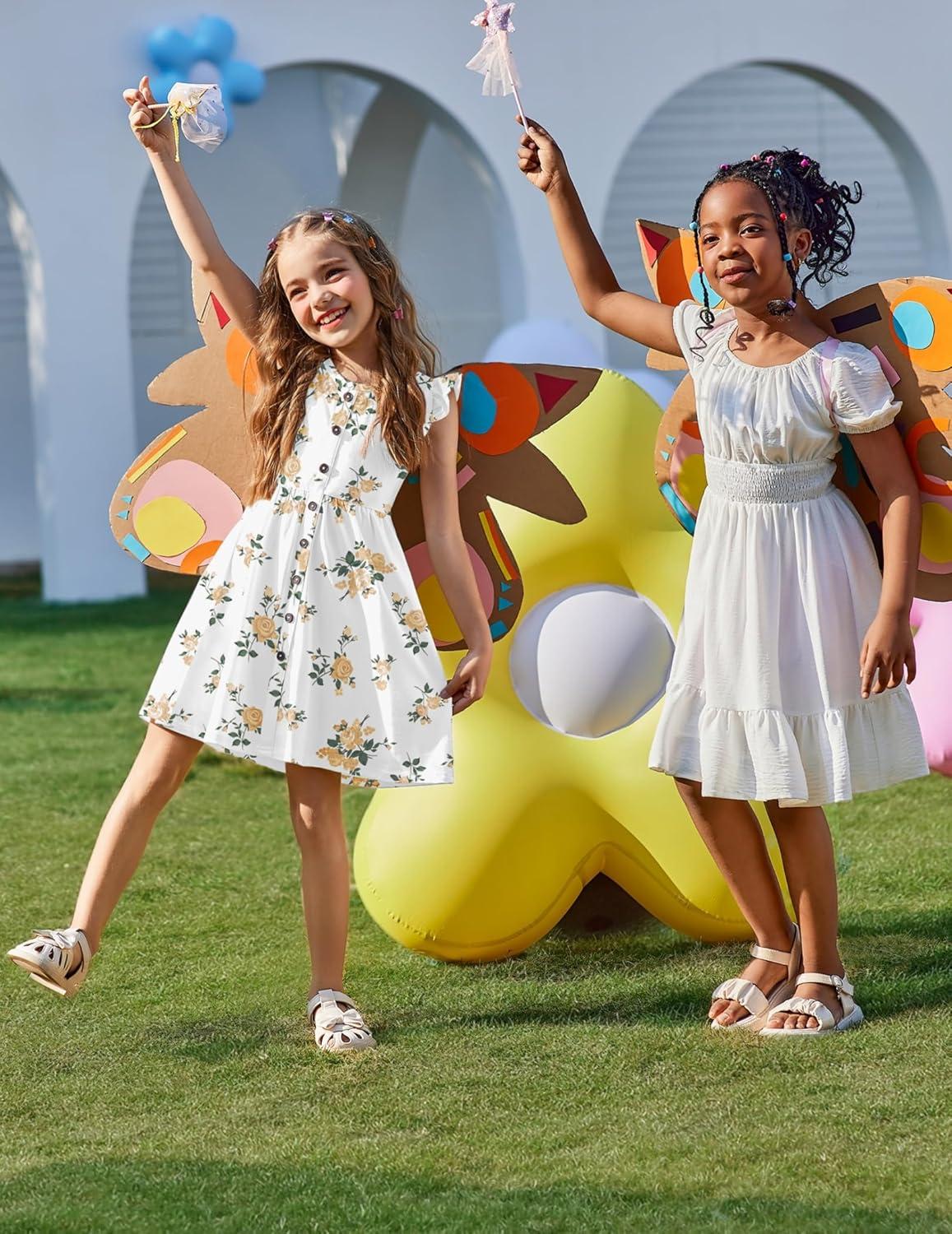 image:imageArshiner Girls Dress Flutter Sleeve ALine Button Down Sundress Casual Midi Dresses for 412 Years KidsYellow Flower