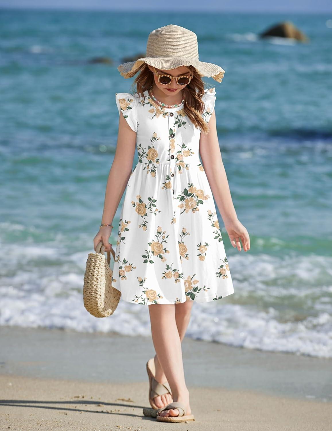 image:imageArshiner Girls Dress Flutter Sleeve ALine Button Down Sundress Casual Midi Dresses for 412 Years KidsYellow Flower