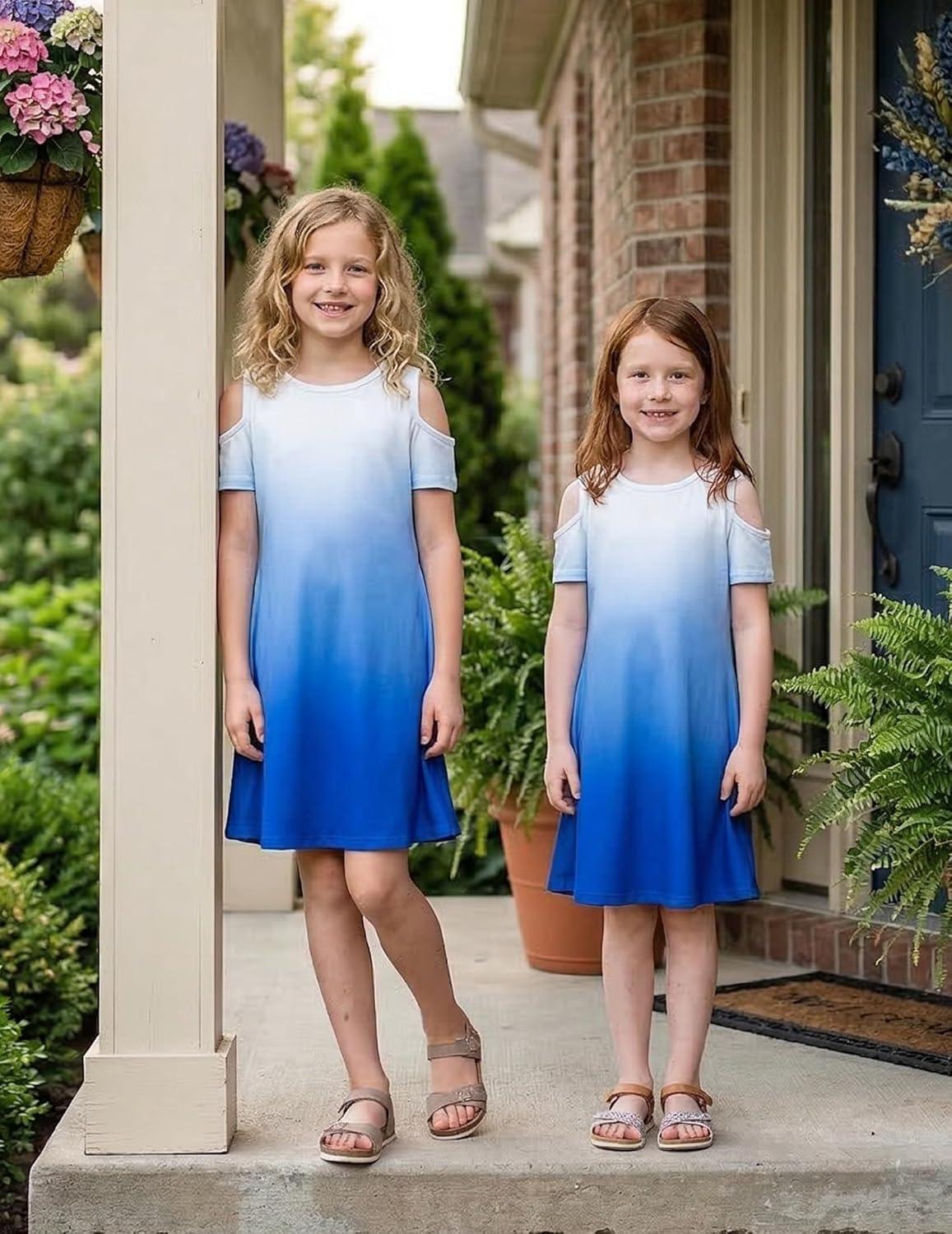 image:imageArshiner Girls Summer Dress Short Sleeve Cold Shoulder Solid Color Swing Casual Dresses with PocketsBlue Gradient1