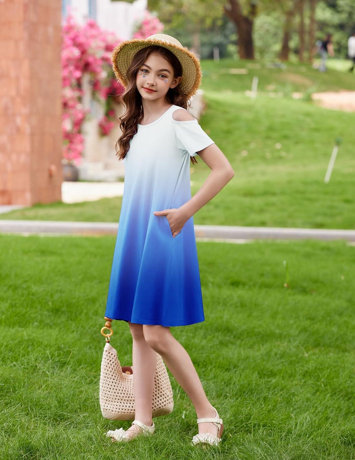 image:imageArshiner Girls Summer Dress Short Sleeve Cold Shoulder Solid Color Swing Casual Dresses with PocketsBlue Gradient1