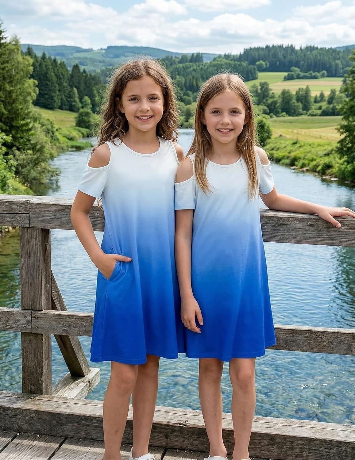 image:imageArshiner Girls Summer Dress Short Sleeve Cold Shoulder Solid Color Swing Casual Dresses with PocketsBlue Gradient1
