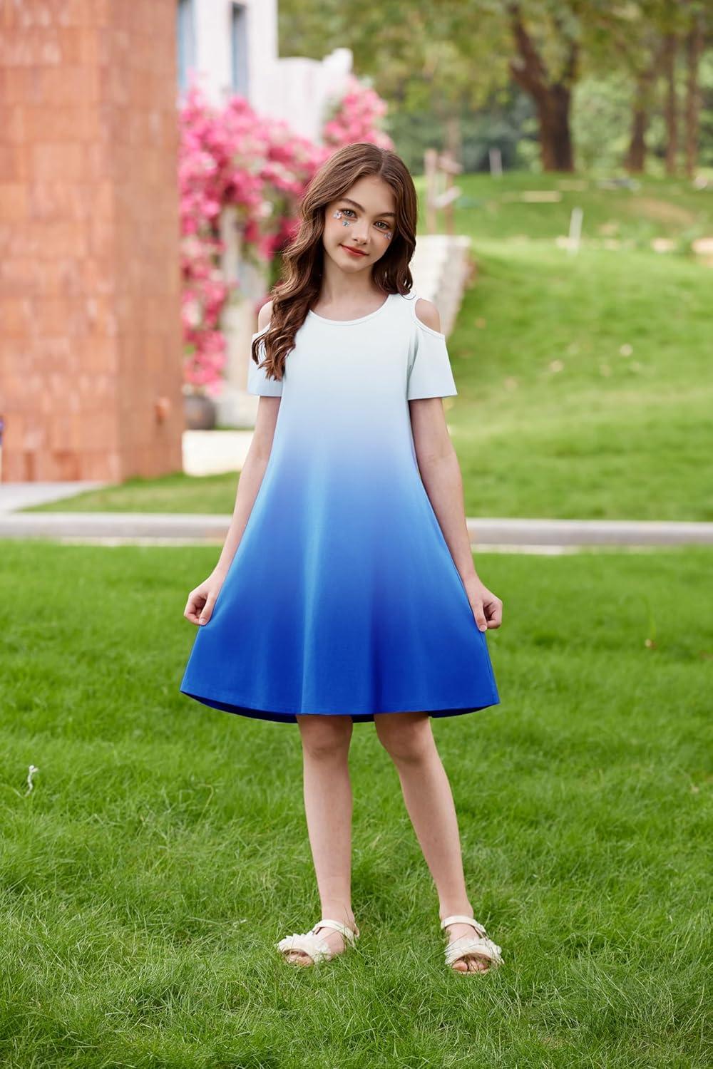 image:imageArshiner Girls Summer Dress Short Sleeve Cold Shoulder Solid Color Swing Casual Dresses with PocketsBlue Gradient1