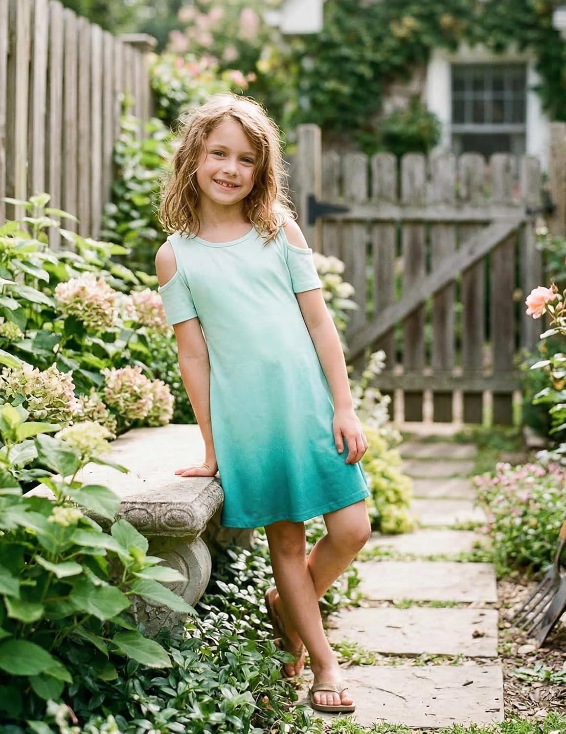 image:imageArshiner Girls Summer Dress Short Sleeve Cold Shoulder Solid Color Swing Casual Dresses with PocketsLight Green Gradient