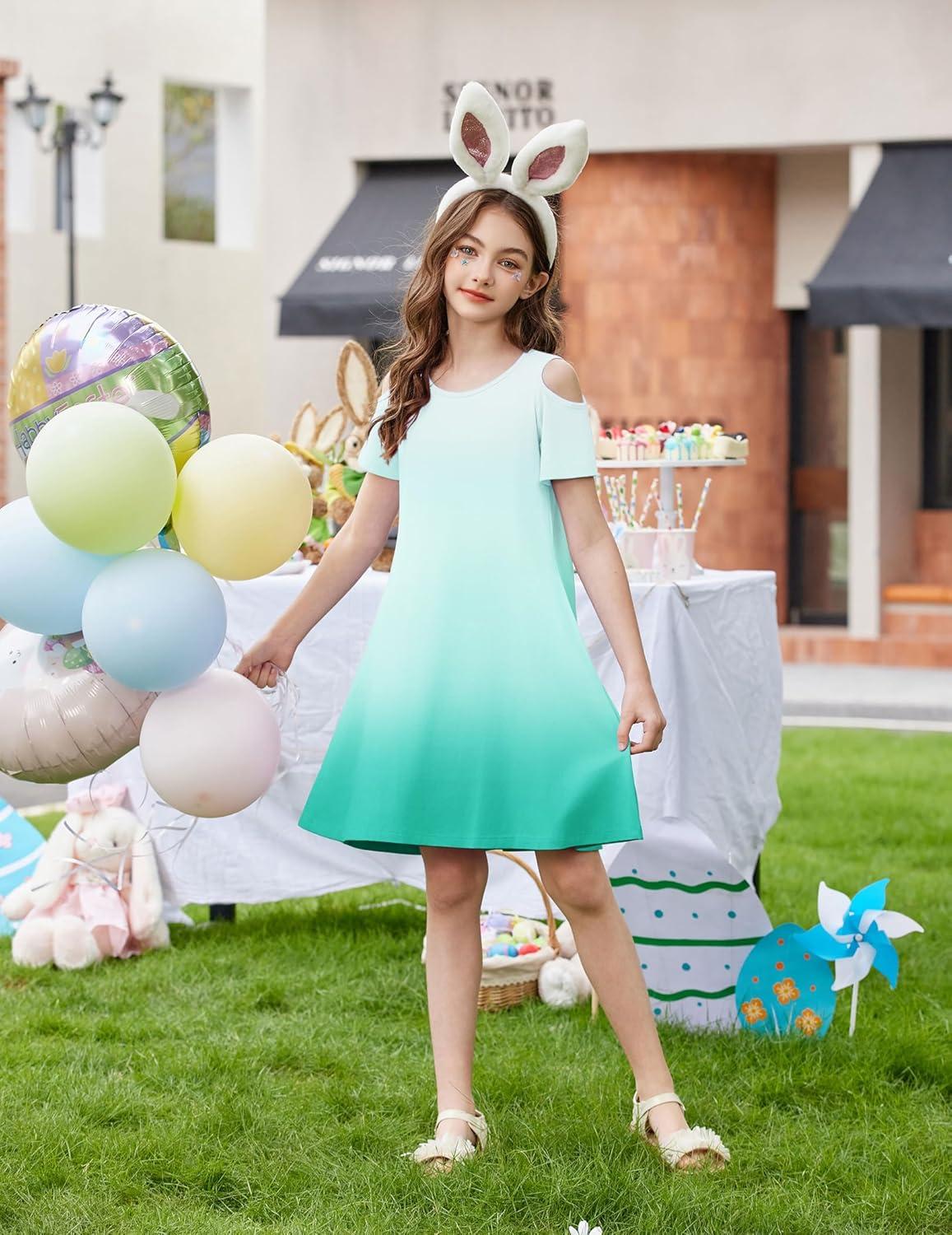 image:imageArshiner Girls Summer Dress Short Sleeve Cold Shoulder Solid Color Swing Casual Dresses with PocketsLight Green Gradient