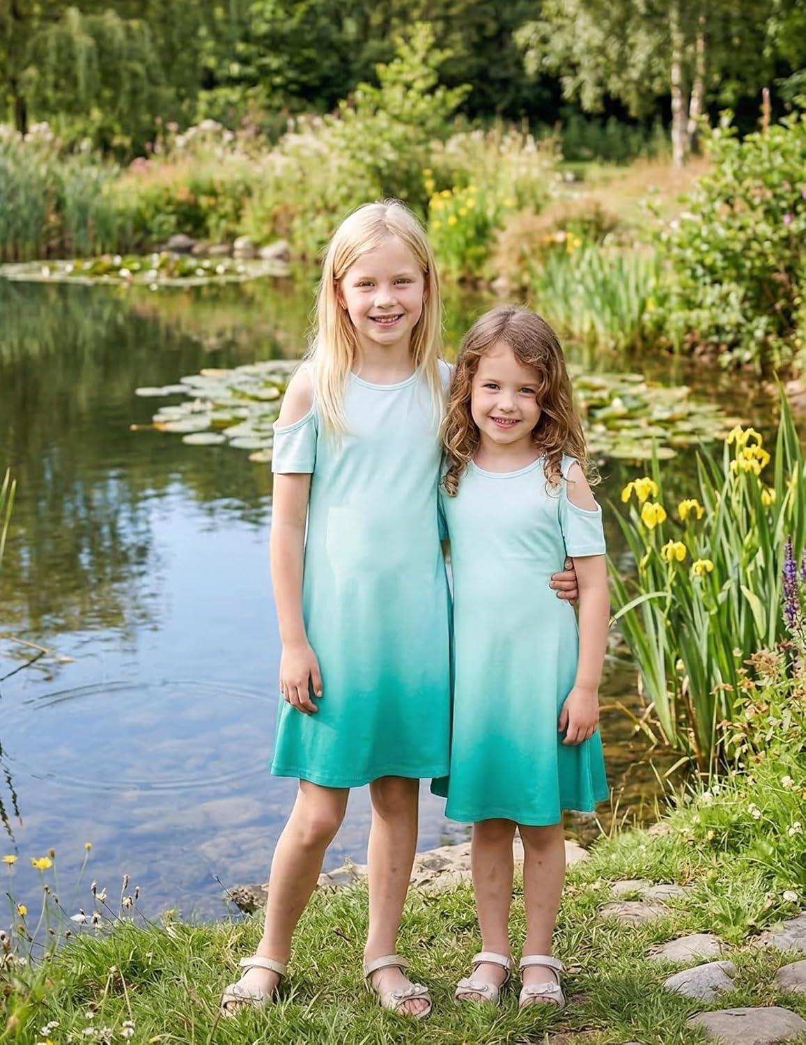 image:imageArshiner Girls Summer Dress Short Sleeve Cold Shoulder Solid Color Swing Casual Dresses with PocketsLight Green Gradient