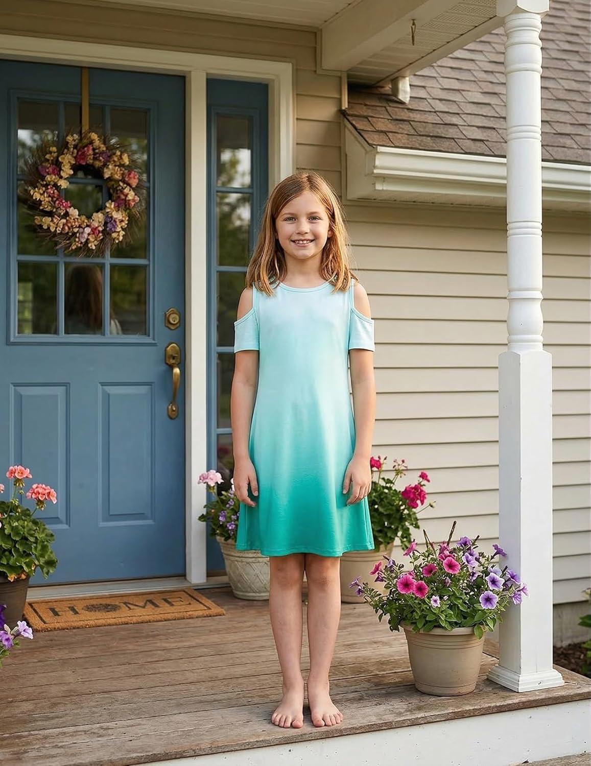 image:imageArshiner Girls Summer Dress Short Sleeve Cold Shoulder Solid Color Swing Casual Dresses with PocketsLight Green Gradient