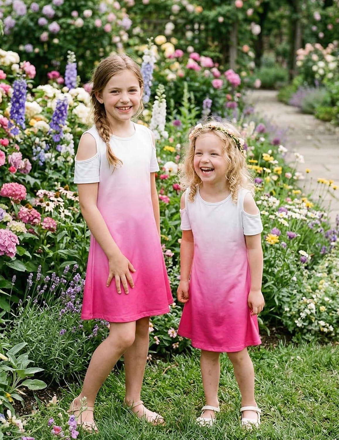image:imageArshiner Girls Summer Dress Short Sleeve Cold Shoulder Solid Color Swing Casual Dresses with PocketsRose Red Gradient