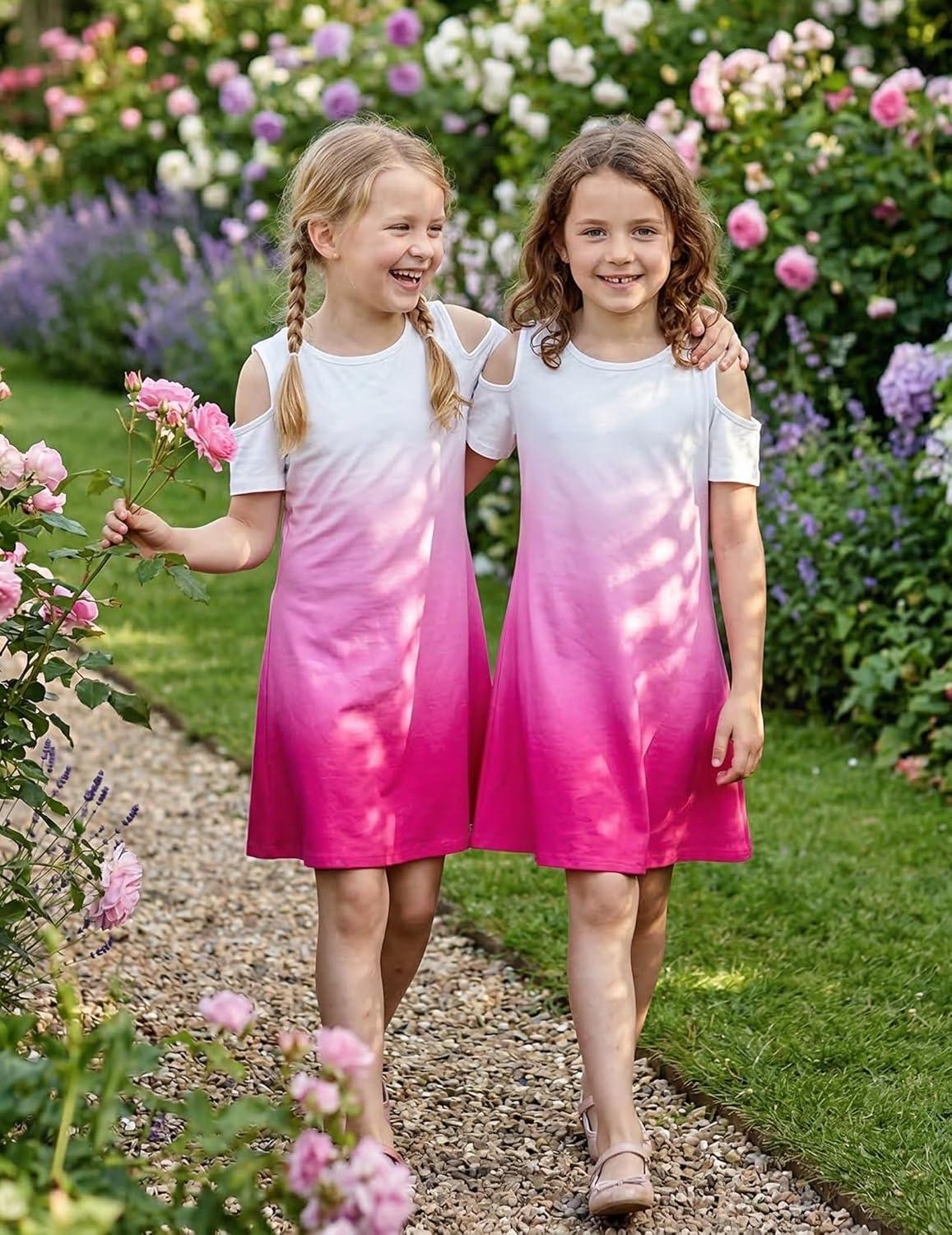 image:imageArshiner Girls Summer Dress Short Sleeve Cold Shoulder Solid Color Swing Casual Dresses with PocketsRose Red Gradient