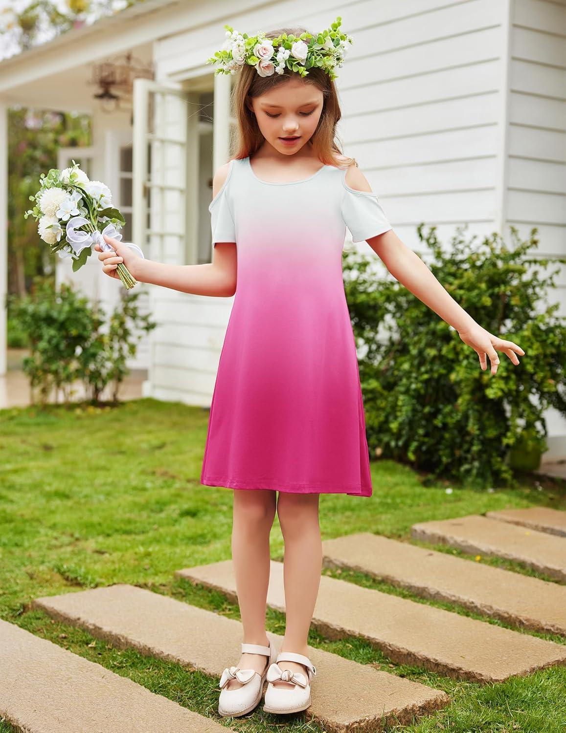 image:imageArshiner Girls Summer Dress Short Sleeve Cold Shoulder Solid Color Swing Casual Dresses with PocketsRose Red Gradient