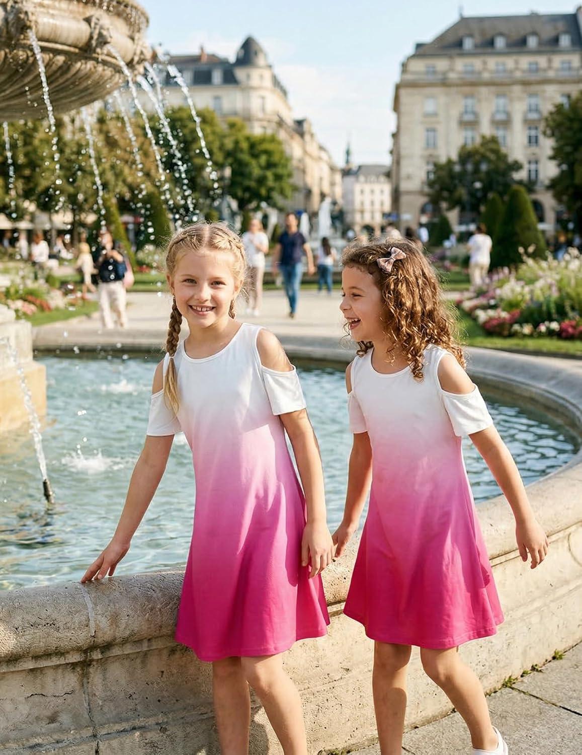 image:imageArshiner Girls Summer Dress Short Sleeve Cold Shoulder Solid Color Swing Casual Dresses with PocketsRose Red Gradient