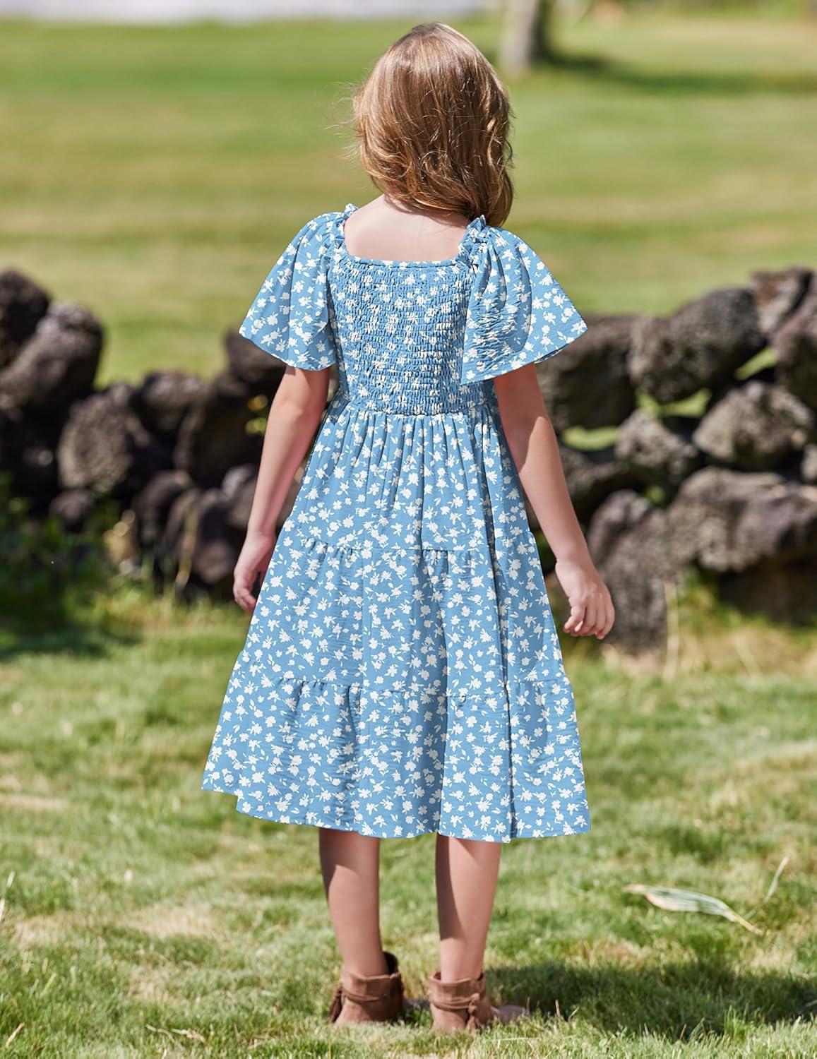 image:imageArshiner Girls Summer Dress Tween Boho Casual Smocked Swing Flowy Ruffle Midi Dresses with PocketsBlue Floral