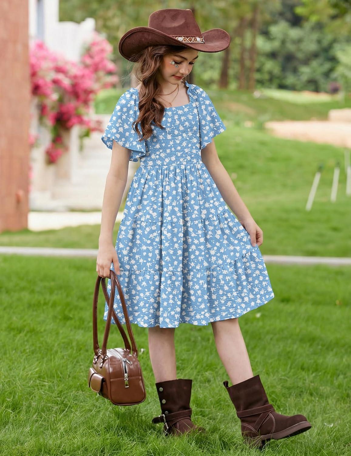 image:imageArshiner Girls Summer Dress Tween Boho Casual Smocked Swing Flowy Ruffle Midi Dresses with PocketsBlue Floral