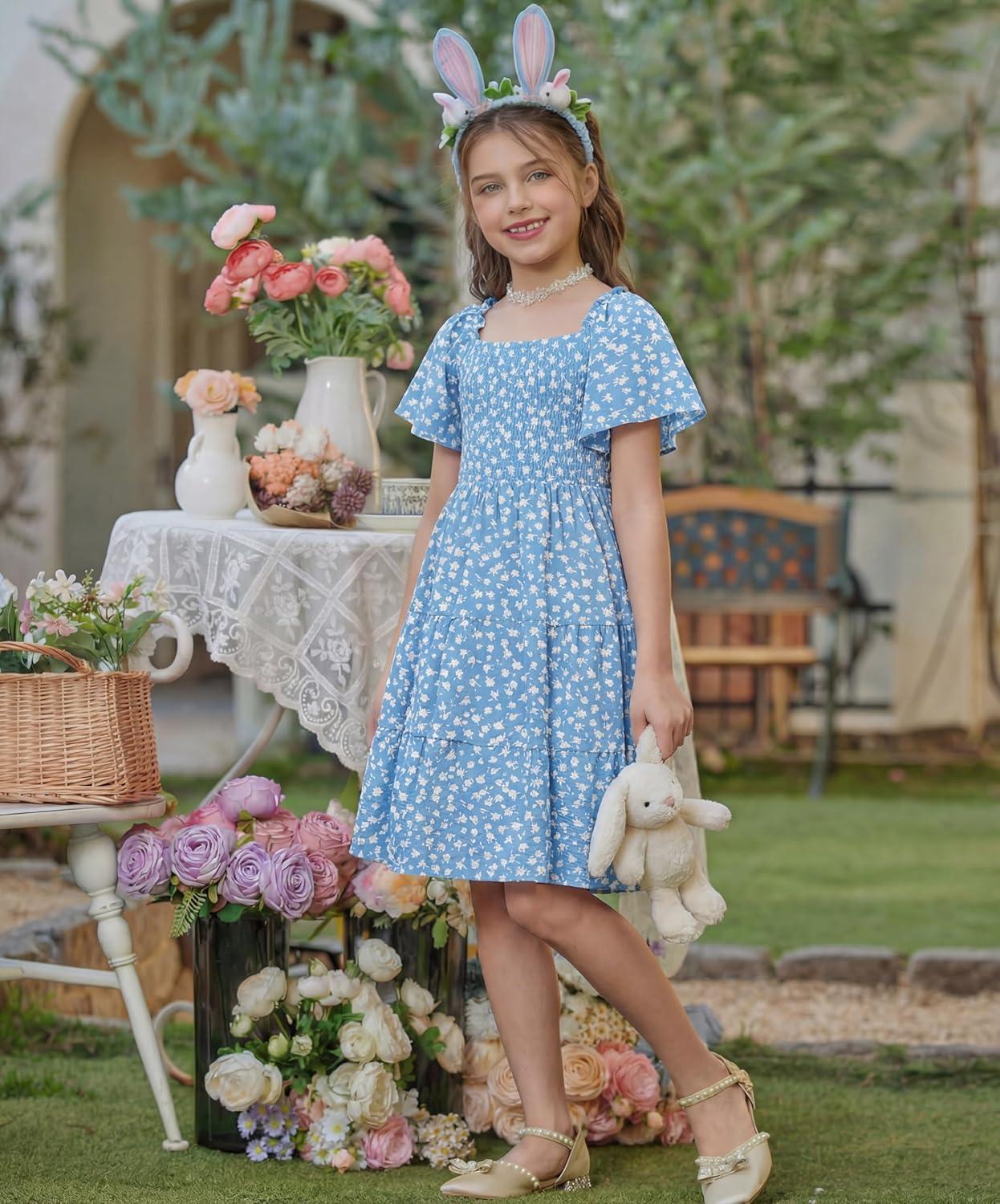 image:imageArshiner Girls Summer Dress Tween Boho Casual Smocked Swing Flowy Ruffle Midi Dresses with PocketsBlue Floral