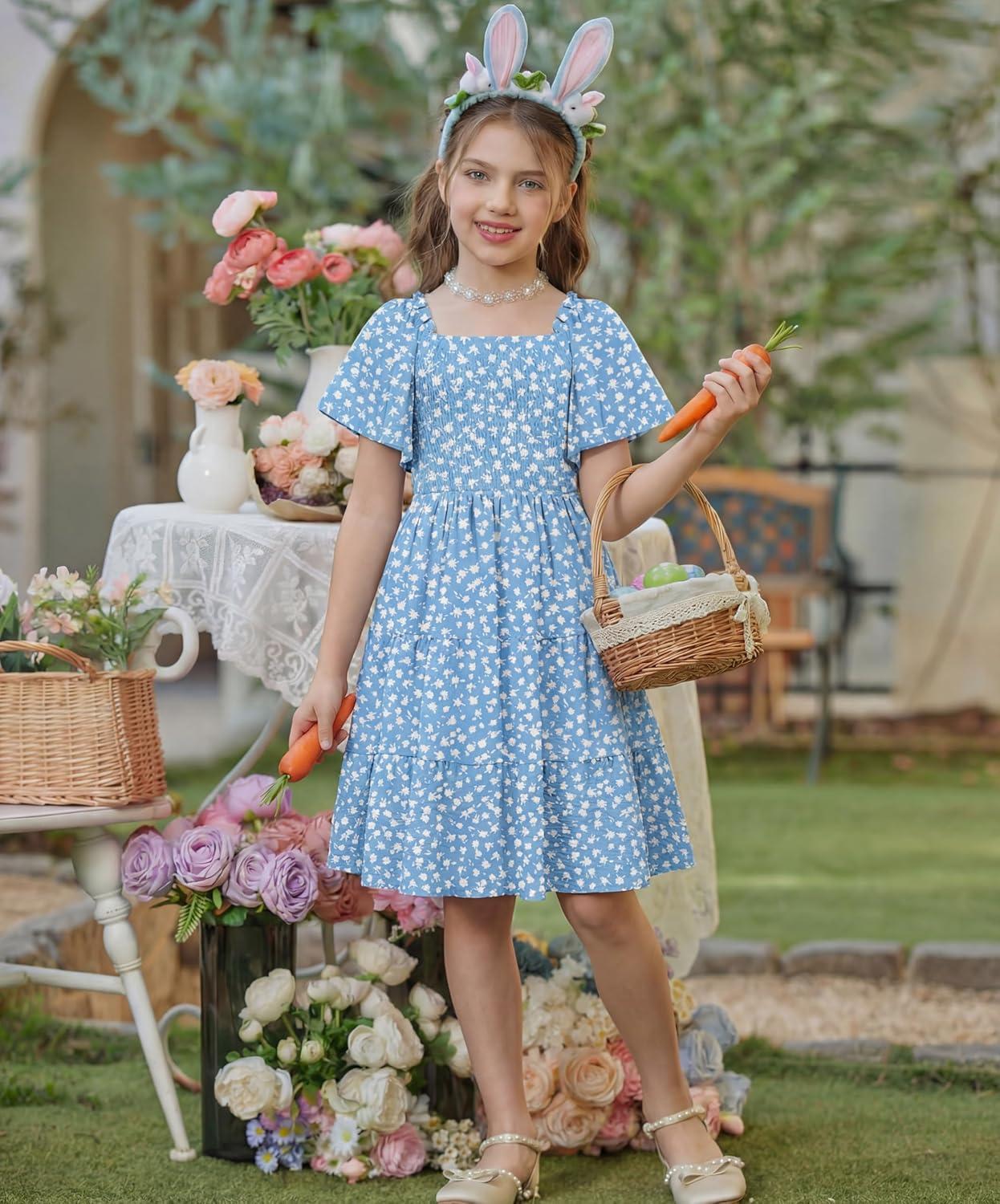 image:imageArshiner Girls Summer Dress Tween Boho Casual Smocked Swing Flowy Ruffle Midi Dresses with PocketsBlue Floral