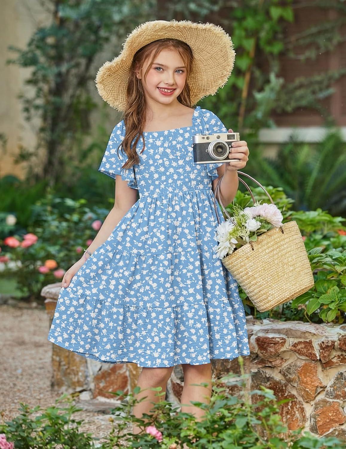 image:imageArshiner Girls Summer Dress Tween Boho Casual Smocked Swing Flowy Ruffle Midi Dresses with PocketsBlue Floral