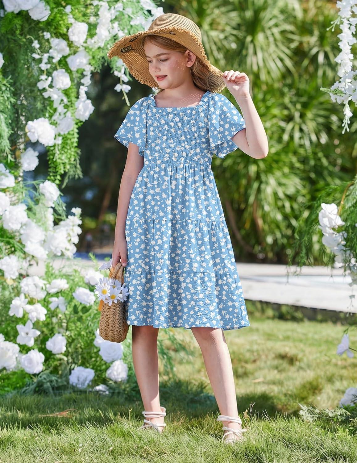 image:imageArshiner Girls Summer Dress Tween Boho Casual Smocked Swing Flowy Ruffle Midi Dresses with PocketsBlue Floral
