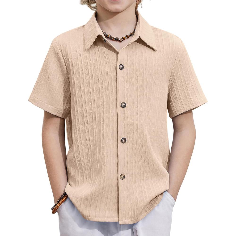 image:imageArshiner Boys Casual Short Sleeve Button Down Shirt Fashion Textured Summer Beach Shirt 313 Years OldApricot