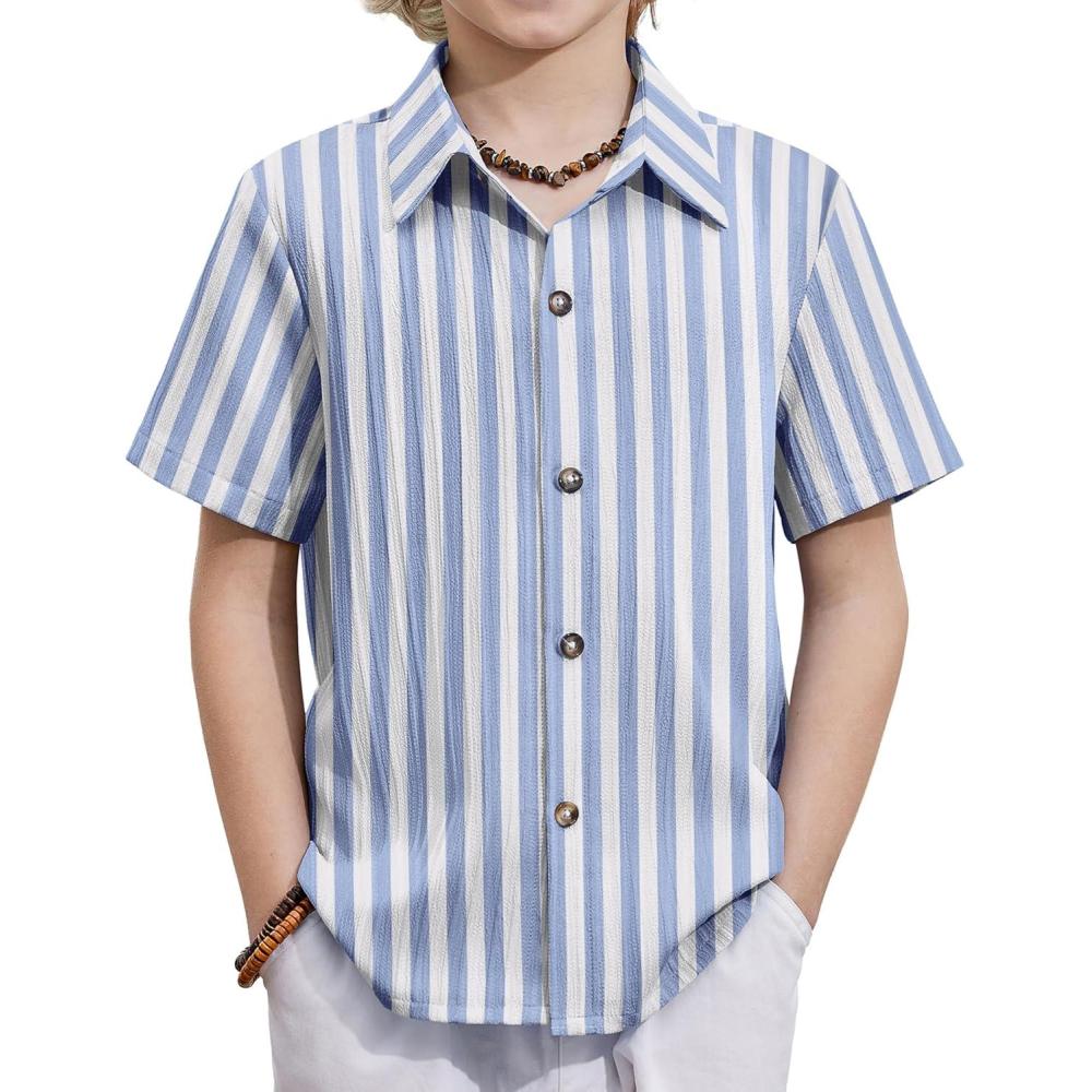 image:imageArshiner Boys Casual Short Sleeve Button Down Shirt Fashion Textured Summer Beach Shirt 313 Years OldBlueWhite Stripe