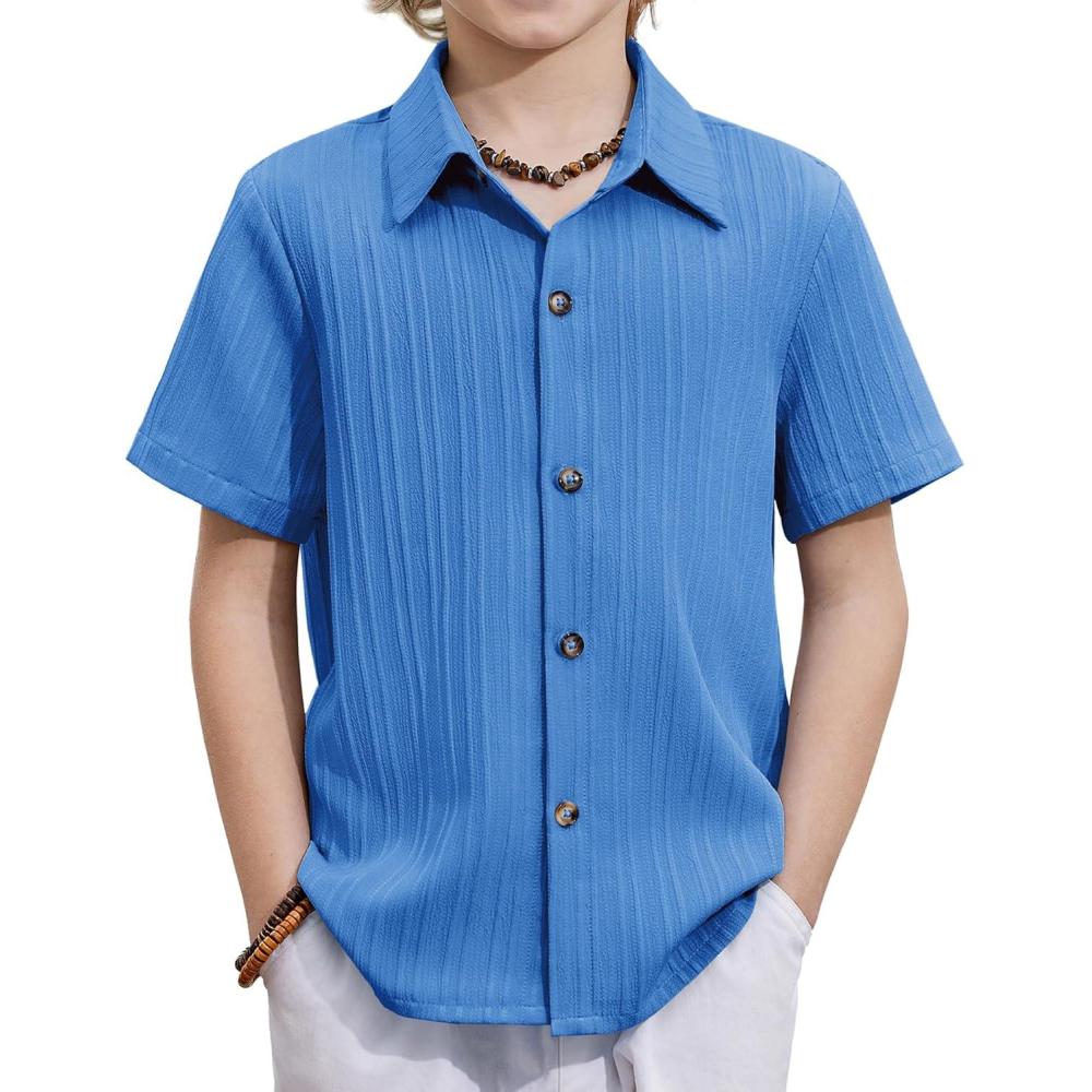 image:imageArshiner Boys Casual Short Sleeve Button Down Shirt Fashion Textured Summer Beach Shirt 313 Years OldBright Blue