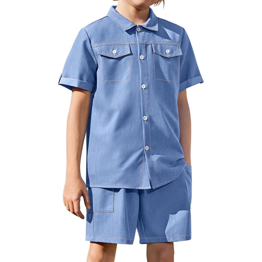 image:imageArshiner Boys Woven Shorts Set Academic Style Button Down Shirt and Denim Shorts Casual 2Piece Clothes Outfits 412 YearsBlue