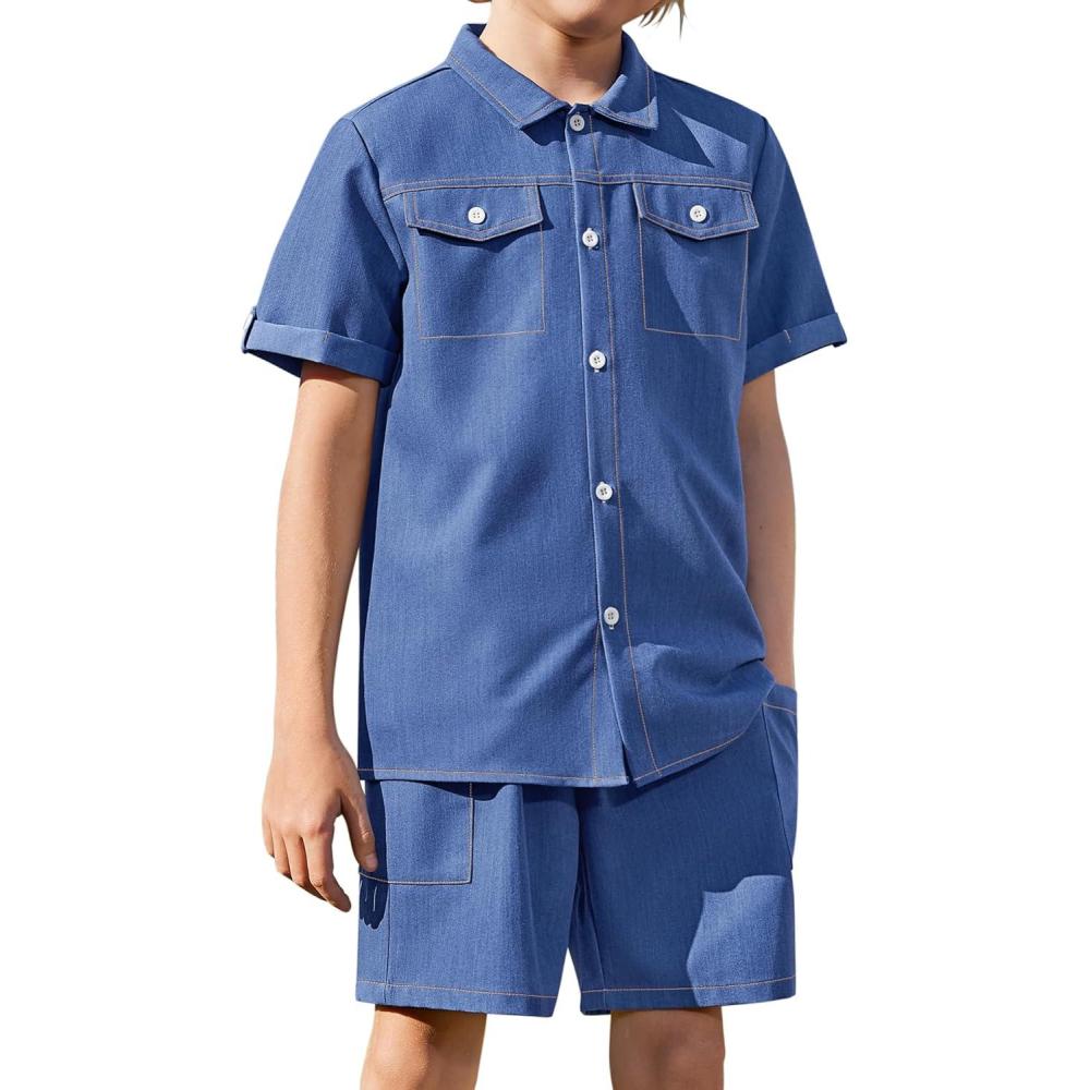 image:imageArshiner Boys Woven Shorts Set Academic Style Button Down Shirt and Denim Shorts Casual 2Piece Clothes Outfits 412 YearsDark Blue
