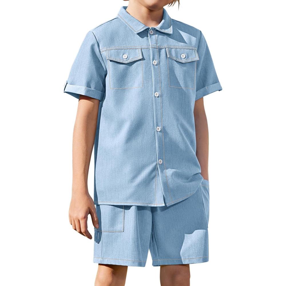 image:imageArshiner Boys Woven Shorts Set Academic Style Button Down Shirt and Denim Shorts Casual 2Piece Clothes Outfits 412 YearsLight Blue