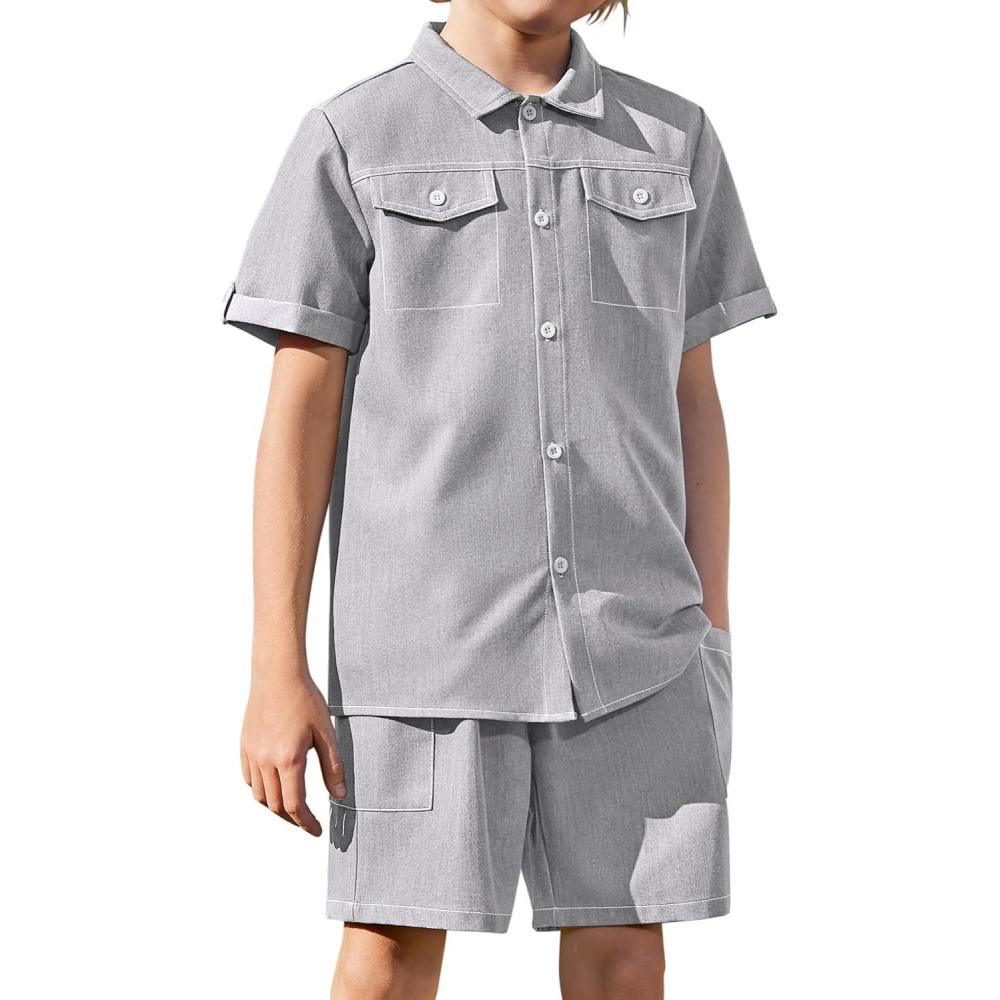 image:imageArshiner Boys Woven Shorts Set Academic Style Button Down Shirt and Denim Shorts Casual 2Piece Clothes Outfits 412 YearsLight Grey