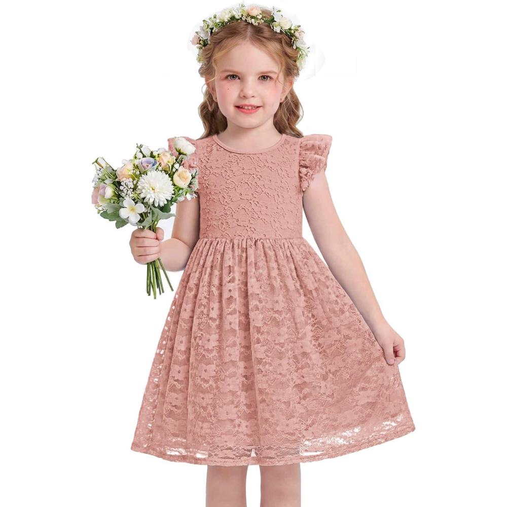 image:imageArshiner Flower Girl Dress Toddler Lace Tutu Ruffle Sleeve Wedding Birthday Party Tulle DressesDusty Pink