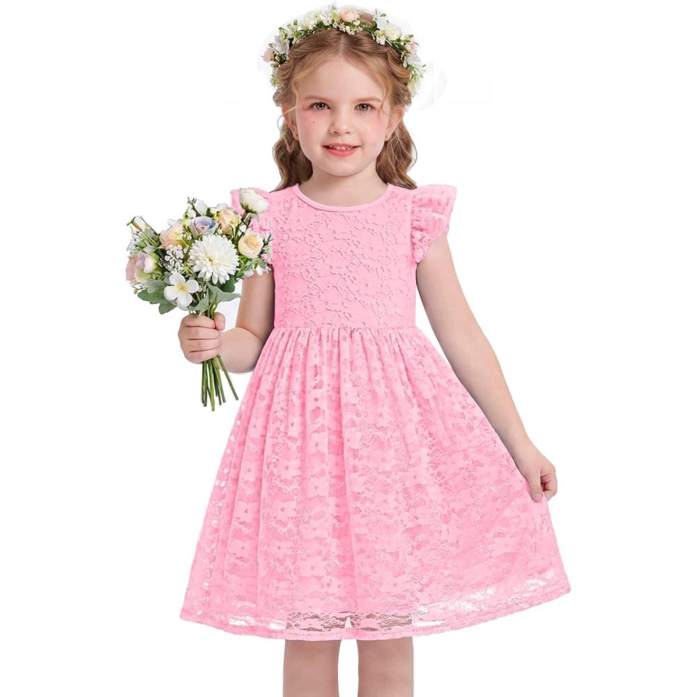 image:imageArshiner Flower Girl Dress Toddler Lace Tutu Ruffle Sleeve Wedding Birthday Party Tulle DressesPink